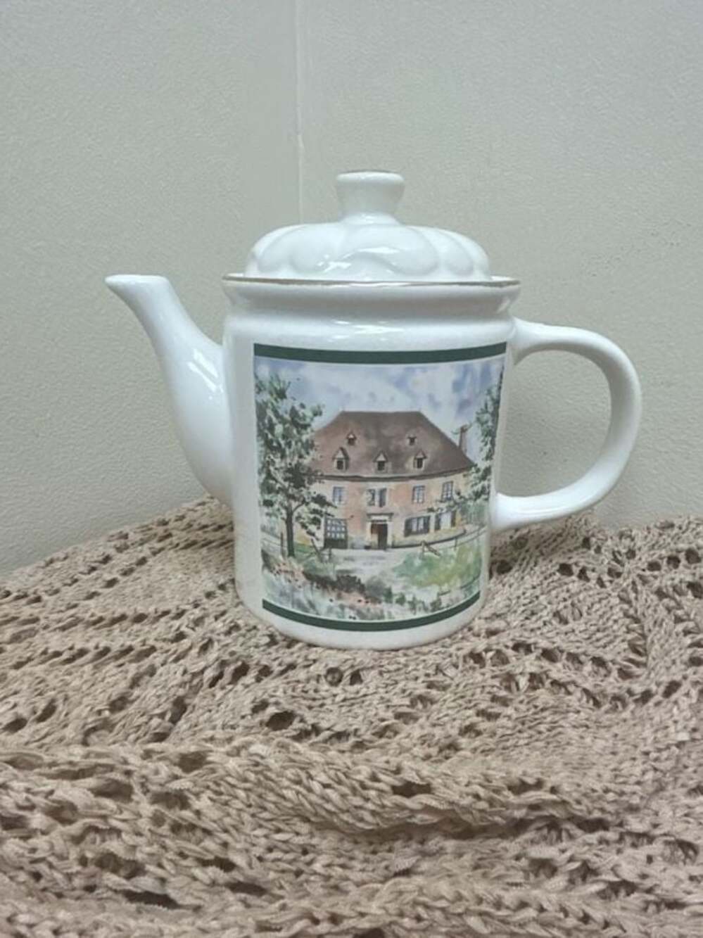 Vintage CBK LTD 1992 Taiwan Teapot Signed Country Painting Coffee Tea Pot